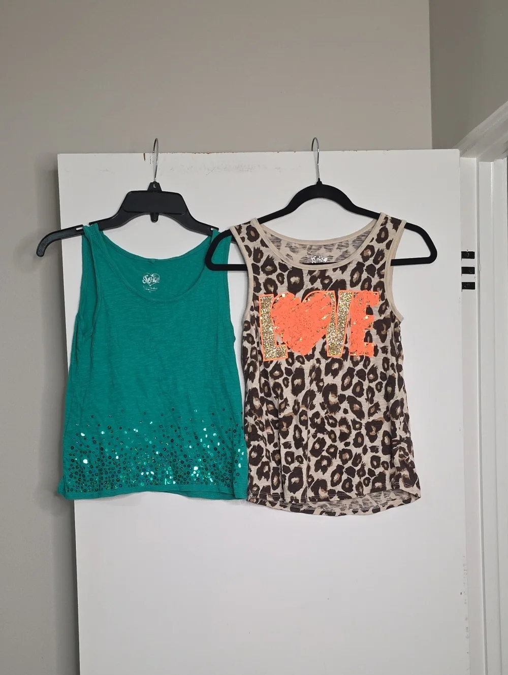 Girls' Teal Sequin Tank Top and Leopard Print 'LOVE' Tank Set